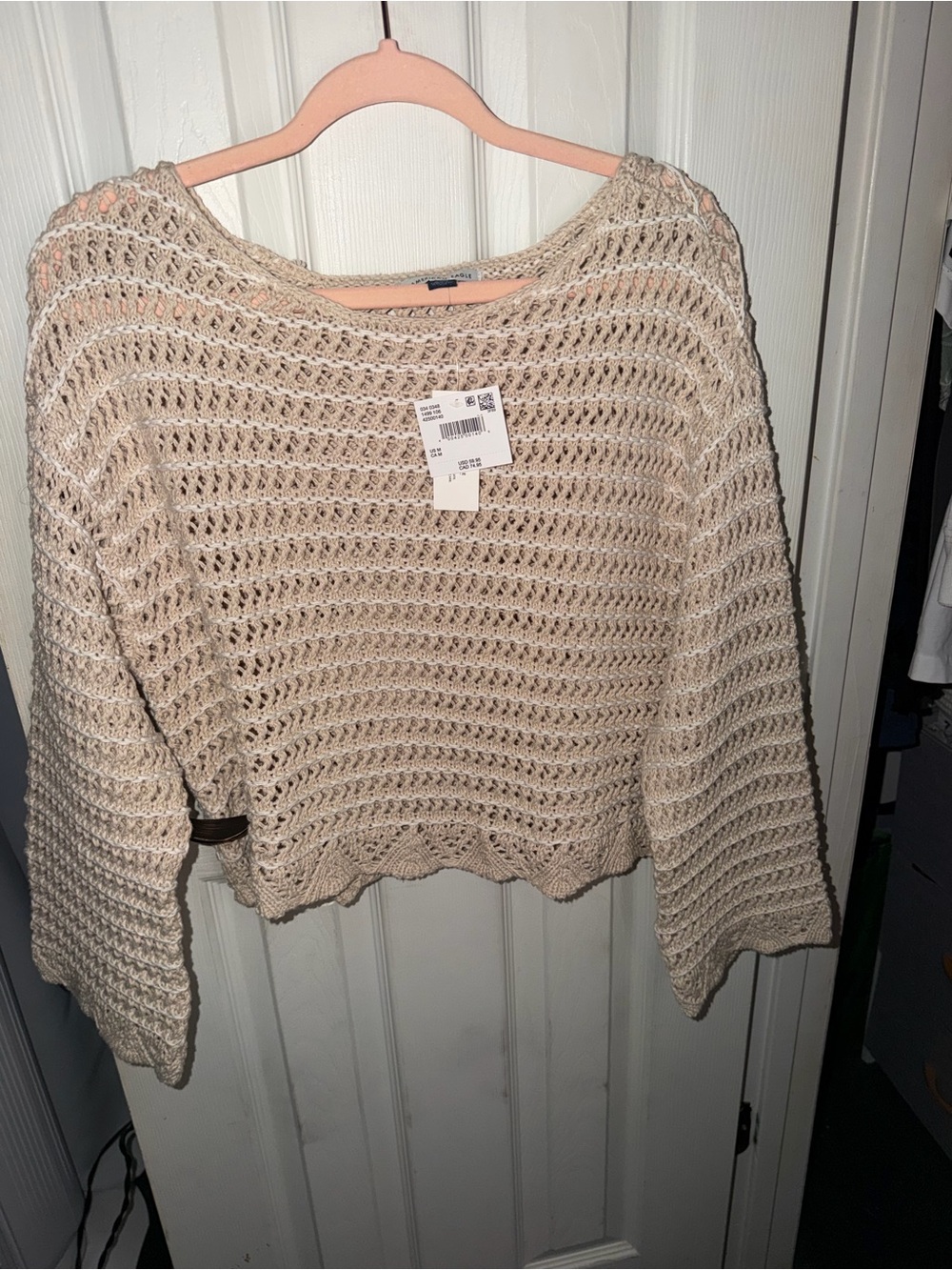 American Eagle Outfitters Open-Knit Scoop Neck Sweater in Beige